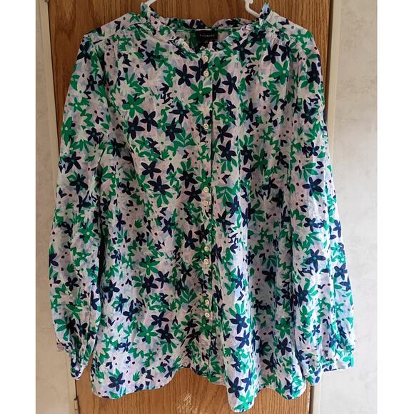 TALBOTS XL Green Blue Floral Cotton Blouse Quietlux Resort Coastal Grandma - Picture 9 of 10